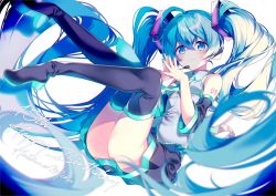Rule 34 | 1girl, absurdly long hair, bare shoulders, birthday, black thighhighs, blue eyes, closed mouth, hatsune miku, kurisu sai, long hair, looking at viewer, microphone, solo, thighhighs, twintails, very long hair, vocaloid, white background