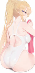 Rule 34 | 1girl, absurdres, ass, back, blonde hair, blue eyes, blush, breasts, hair ornament, hairclip, highres, large breasts, long hair, looking at viewer, mochirong, one-piece swimsuit, original, ponytail, sitting, solo, swimsuit, towel, very long hair, wet, white one-piece swimsuit