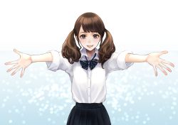 Rule 34 | 1girl, :d, ashiya hiro, black eyes, bow, bowtie, brown hair, highres, long hair, looking at viewer, open mouth, original, outstretched arms, pleated skirt, school uniform, shirt tucked in, skirt, smile, solo, teeth, twintails, uniform