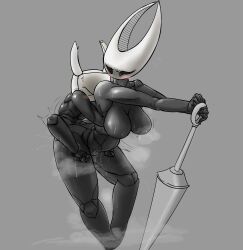 Rule 34 | 1boy, 1girl, absurdres, ass, ass grab, black skin, blush, breasts, colored skin, doggystyle, grabbing, grabbing another&#039;s ass, grabbing from behind, hetero, highres, hollow knight, hornet (hollow knight), huge ass, huge penis, knight (hollow knight), looking at viewer, medium breasts, penis, sex, sex from behind, size difference, testicles, torn clothes, vaginal