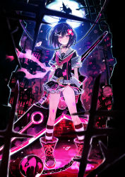 Rule 34 | 1girl, alice (mary skelter), black hair, black skirt, cityscape, closed mouth, hair ornament, hairclip, holding, holding weapon, huge weapon, legs, looking at viewer, mary skelter, moon, nanameda kei, pink eyes, shirt, short hair, short sleeves, skirt, slit pupils, smile, socks, solo, striped clothes, striped socks, weapon