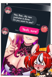 Rule 34 | animal ears, black hair, blood, blue eyes, cellphone, collar, english text, hair ornament, hakos baelz, highres, hololive, hololive english, irys (hololive), long hair, mouse ears, mouse girl, multicolored hair, multiple girls, nosebleed, phone, purple hair, red hair, smartphone, smol irys, spiked collar, spikes, streaked hair, teeth, twintails, v, virtual youtuber, white hair, zero130