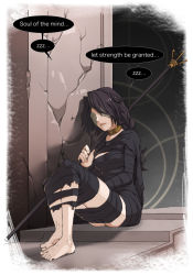 Rule 34 | 1girl, bandages, bankage, barefoot, black hair, bound, bound legs, braid, breasts, choker, demon&#039;s souls, english text, full body, highres, legs together, long hair, maiden in black, no eyes, sleeping, sleeping upright, solo, speech bubble, staff, tied up