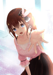 Rule 34 | absurdres, beckoning, blouse, blue eyes, braid, brown hair, brown skirt, collarbone, diamond hair ornament, frilled sleeves, frills, hair between eyes, hair flaps, hair ornament, hair ribbon, hairclip, hand on own knee, highres, hololive, leaning forward, long hair, long sleeves, low neckline, official alternate costume, outstretched hand, pink ribbon, pink shirt, reaching, reaching towards viewer, ribbon, shirt, signature, single braid, skirt, solo, star (symbol), star hair ornament, tokino sora, tokino sora (casual), twitter username, virtual youtuber, wnaph