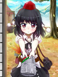 Rule 34 | 1girl, bad id, bad pixiv id, bag, belt, black hair, blouse, blush, bucket, camera, cloud, coin purse, day, firewood, flower, frown, giving, hakurei reimu, hat, leaf, leaf fan, log, looking at viewer, maple leaf, money, mountain, newspaper, pom pom (clothes), puffy short sleeves, puffy sleeves, red eyes, religious offering, ribbon, shameimaru aya, shirt, short hair, short sleeves, skirt, sky, solo, tokin hat, tonakai (bunsuka), touhou, tree, well, white shirt, wind