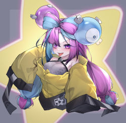 Rule 34 | 1girl, absurdres, bow-shaped hair, character hair ornament, creatures (company), game freak, hair ornament, hexagon print, highres, iono (pokemon), jacket, long hair, low-tied long hair, multicolored hair, nintendo, oversized clothes, pokemon, pokemon sv, qinshi-ji, sharp teeth, sleeves past fingers, sleeves past wrists, solo, split-color hair, star (symbol), star in eye, symbol in eye, teeth, very long sleeves, x, yellow jacket