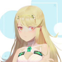 Rule 34 | 1girl, absurdres, bare shoulders, blonde hair, blush, breasts, gloves, highres, long hair, looking at viewer, medium breasts, mythra (xenoblade), nintendo, shi (user ptm0299), simple background, solo, upper body, white background, xenoblade chronicles (series), xenoblade chronicles 2, xenoblade chronicles (series), xenoblade chronicles 2, yellow eyes