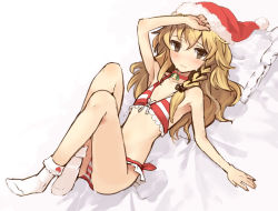 Rule 34 | 1girl, bell, blonde hair, blush, bobby socks, bow, bow bra, bra, breasts, christmas, cleavage, collar, eho (icbm), feet, flat chest, frilled bra, frilled panties, frilled pillow, frills, hand over face, hat, kirisame marisa, long hair, lying, neck bell, no shoes, on back, panties, pillow, red panties, santa hat, socks, solo, striped bra, striped clothes, striped panties, touhou, underwear, underwear only, wavy hair, white background, white socks, yellow eyes