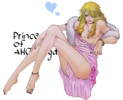 Rule 34 | 1boy, artist request, bare shoulders, barefoot, blonde hair, cigarette, crossdressing, curly hair, hair over one eye, legs, looking at viewer, male focus, nipples, one piece, sanji (one piece), smile, solo