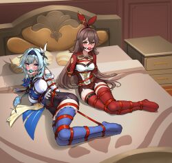 Rule 34 | 2girls, absurdres, amber (genshin impact), arms behind back, ball gag, bdsm, bed, black shorts, blue hair, blue hairband, blue necktie, blue thighhighs, bondage, bound, bound legs, breasts, brown hair, cleavage, commentary request, commission, eula (genshin impact), gag, gagged, genshin impact, hair ornament, hair ribbon, hairband, high-waist shorts, high heels, highres, hogtie, indoors, juliet sleeves, large breasts, long hair, long sleeves, looking at viewer, medium breasts, multiple girls, n17, necktie, no shoes, puffy sleeves, red ribbon, red thighhighs, ribbon, rope, shadow, shirt, short hair, short shorts, shorts, shrug (clothing), thighhighs, thighs, very long hair, white shirt, yellow eyes