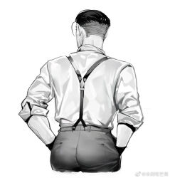 Rule 34 | 1boy, ass, cropped legs, facial hair, from behind, golden kamuy, hair slicked back, hair strand, hands in pockets, male focus, midomido, ogata hyakunosuke, pants, short hair, sleeves rolled up, solo, stubble, suspenders, undercut