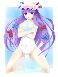 Rule 34 | 1girl, barefoot, between thighs, bow, breast press, breasts, bubble, cameltoe, covered navel, female focus, hair bow, hat, highres, kneeling, large breasts, long hair, multiple hair bows, navel, negamaro, one-piece swimsuit, patchouli knowledge, purple eyes, purple hair, ribbon, school swimsuit, solo, swimsuit, thighs, touhou, transparent, very long hair, white one-piece swimsuit, white school swimsuit