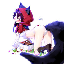 Rule 34 | 1girl, all fours, animal ears, black hair, blurry, boots, capelet, depth of field, ejami, ekko (ejami), fox ears, fox girl, fox tail, hood, hood up, hooded capelet, looking at viewer, looking to the side, no pants, open mouth, original, panties, picnic basket, red capelet, red eyes, shirt, solo, tail, underwear, white panties