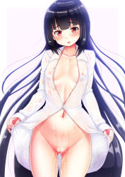 Rule 34 | 1girl, alternate costume, black hair, blush, breasts, collarbone, covered erect nipples, dress shirt, ebi 193, houraisan kaguya, long hair, looking at viewer, naked shirt, navel, nipples, red eyes, see-through, shirt, small breasts, solo, touhou, uncensored, very long hair, wet, wet clothes