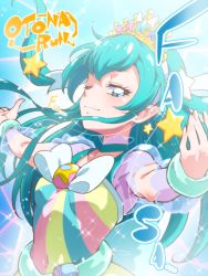Rule 34 | 1girl, ;3, aqua choker, aqua eyes, aqua hair, choker, closed mouth, commentary request, cure milky, cure milky (twinkle style), earrings, hagoromo lala, jewelry, long hair, looking at viewer, magical girl, one eye closed, outstretched arms, pointy ears, precure, smile, solo, star (symbol), star earrings, star twinkle precure, tiara, tj-type1