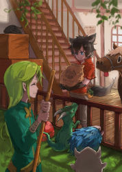 Rule 34 | 1boy, 1girl, animal ears, bag, begging, black gloves, black hair, blue eyes, blurry foreground, box, broom, check copyright, chocotto land, copyright request, dragon, dress, closed eyes, fence, gloves, grass, green dress, green hair, grey pants, highres, holding, holding broom, horse, ico6, indoors, long sleeves, pants, pointy ears, pouch, red shirt, shirt, slime (creature), stairs, standing, tail, tongue, tongue out, window, wooden floor