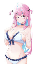 Rule 34 | 1girl, absurdres, ahoge, black choker, black ribbon, blue hair, blue nails, blush, bra, breasts, choker, cleavage, closed mouth, colored inner hair, commentary, cowboy shot, dreamoon, frilled panties, frills, groin, hair ornament, hair ribbon, hands on own chest, highres, hololive, lace, lace-trimmed bra, lace trim, large breasts, light frown, long hair, looking at viewer, minato aqua, multicolored hair, nail polish, navel, panties, purple eyes, purple hair, ribbon, simple background, solo, standing, streaked hair, two-tone hair, two side up, underwear, underwear only, virtual youtuber, white background, white bra, white panties