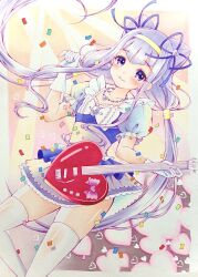 Rule 34 | 1girl, arm up, blush, bow, closed mouth, commentary request, cone hair bun, confetti, dress, earrings, gloves, guitar, hair bun, hairband, heart, holding, holding guitar, holding instrument, hugtto! precure, instrument, jewelry, lilylily0601, long hair, looking at viewer, low twintails, magical girl, marker (medium), precure, purple bow, purple eyes, purple hair, ruru amour, smile, solo, thighhighs, traditional media, twintails, white thighhighs