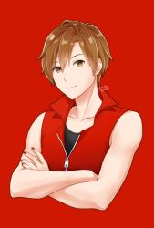 Rule 34 | 1boy, artist name, black shirt, brown eyes, brown hair, commentary, cropped torso, crossed arms, gender request, genderswap, highres, jacket, kirita asami, looking at viewer, male focus, meito, nail polish, red background, red jacket, red nails, red theme, shirt, smile, upper body, vocaloid, zipper