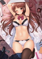 Rule 34 | 1girl, armpits, arms up, bag, bare shoulders, bed sheet, blue skirt, blush, bow, bow bra, bow panties, bra, breasts, brown eyes, brown hair, cellphone, cleavage, closed mouth, collarbone, commentary request, diagonal stripes, earbuds, earphones, groin, hair ornament, hairclip, highres, long hair, lying, makeup, makeup brush, medium breasts, minato ojitan, nail polish bottle, navel, on back, one eye closed, original, panties, phone, pleated skirt, red bow, school bag, school uniform, shirt, unworn shirt, skirt, skirt around one leg, solo, strap slip, striped, striped bow, underwear, undressing, very long hair, white bra, white panties, white shirt