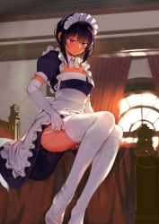 Rule 34 | 1girl, black hair, breasts, cleavage, closed mouth, dark-skinned female, dark skin, elbow gloves, garter straps, gloves, indoors, konbu wakame, large breasts, lilith (saikin yatotta maid ga ayashii), looking away, maid, maid headdress, mole, mole on breast, mole under eye, no shoes, puffy short sleeves, puffy sleeves, purple eyes, saikin yatotta maid ga ayashii, sample watermark, short hair, short sleeves, sitting, solo, thighhighs, watermark, white gloves, white thighhighs
