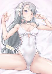 Rule 34 | 1girl, a-plug, anchor ornament, asymmetrical bangs, bracelet, casual one-piece swimsuit, commentary request, commission, cowboy shot, flower, frilled one-piece swimsuit, frilled swimsuit, frills, grey hair, hair flower, hair ornament, hairband, highleg, highleg swimsuit, jewelry, kantai collection, long hair, official alternate costume, one-piece swimsuit, one eye closed, pixiv commission, purple eyes, sagiri (kancolle), shawl, side-tie swimsuit, solo, spread legs, swept bangs, swimsuit, white one-piece swimsuit, white shawl