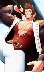 Rule 34 | 1boy, abs, alternate pectoral size, bara, blue eyes, brown hair, bulge, bursting pectorals, epaulettes, facial hair, fate/grand order, fate (series), feet out of frame, highres, large pectorals, long sideburns, long sleeves, looking at viewer, male focus, meisho hanten, military, military uniform, muscular, napoleon bonaparte (fate), open clothes, open mouth, pants, pectorals, scar, shirt, sideburns, simple background, skin tight, smile, solo, uniform, weapon