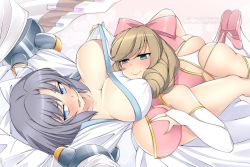 Rule 34 | 2girls, ass, asymmetrical docking, bare shoulders, blonde hair, blue eyes, blush, bow, breast pillow, breast press, breasts, bridal gauntlets, cleavage, embarrassed, garter straps, girl on top, green eyes, grey hair, hair bow, hair tubes, haruka (senran kagura), high heels, japanese clothes, kimono, lab coat, large breasts, lindaroze, looking at another, looking away, lying, lying on person, mechanical arms, medium hair, multiple girls, naughty face, off shoulder, on back, parted bangs, pink bow, restrained, revealing clothes, senran kagura, single mechanical arm, smile, underboob, vial, white bow, white kimono, yumi (senran kagura), yuri