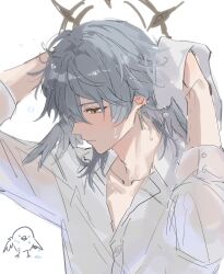 1boy bird closed_mouth collarbone collared_shirt drying drying_hair earrings fractalmagnolia grey_hair hair_between_eyes halo halo_behind_head head_wings highres holding holding_towel honkai:_star_rail honkai_(series) jewelry long_sleeves looking_down male_focus medium_hair shirt simple_background solo sunday_(honkai:_star_rail) towel upper_body wet wet_hair white_background white_shirt wings yellow_eyes