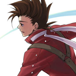 Rule 34 | 00s, 1boy, black eyes, brown hair, buttons, iwatsuki, lloyd irving, male focus, open mouth, profile, red shirt, shirt, short hair, simple background, solo, spiked hair, suspenders, tales of (series), tales of symphonia, tired, white background