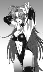 Rule 34 | 1girl, absurdly long hair, absurdres, anjura (zenki), antenna hair, arm behind head, arms up, artist request, ass, breasts, clothing cutout, curvy, dominatrix, earrings, elbow gloves, gloves, greyscale, hair over one eye, highleg, highleg leotard, highres, impossible clothes, impossible leotard, jewelry, kishin douji zenki, kneeling, large breasts, legs together, leotard, long hair, monochrome, navel, navel cutout, shiny clothes, shiny skin, simple background, solo, standing, sweat, thong leotard, very long hair, wide hips