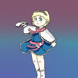 Rule 34 | 1girl, alice margatroid, anime coloring, blonde hair, blue dress, blue eyes, book, dress, hairband, holding, holding book, lineart, lolita hairband, looking away, non-web source, painttool sai (medium), self-upload, simple background, socks, solo, standing, touhou, white socks