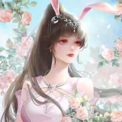 Rule 34 | 1girl, absurdres, animal ears, bare shoulders, blue sky, brown hair, closed mouth, douluo dalu, dress, falling petals, flower, hair ornament, highres, jun shi shi, long hair, looking to the side, petals, pink dress, pink eyes, pink flower, pink rose, ponytail, rabbit ears, rose, sky, smile, solo, upper body, xiao wu (douluo dalu)