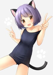 Rule 34 | 1girl, :d, animal ears, black one-piece swimsuit, breasts, brown eyes, cat ears, cat tail, cowboy shot, double v, fangs, grey hair, highres, kemonomimi mode, looking at viewer, old school swimsuit, one-piece swimsuit, open mouth, original, school swimsuit, shibacha, short hair, small breasts, smile, solo, swimsuit, tail, v