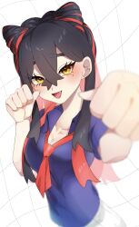 Rule 34 | 1girl, alternate hairstyle, black hair, blue shirt, blush, breasts, carmine (pokemon), cleavage, creatures (company), crossed bangs, eyelashes, fang, game freak, hair between eyes, highres, long hair, looking at viewer, mole, mole under eye, neckerchief, nintendo, oniku ucha, open mouth, paw pose, pokemon, pokemon sv, red hair, red neckerchief, shirt, short sleeves, solo, upper body, yellow eyes