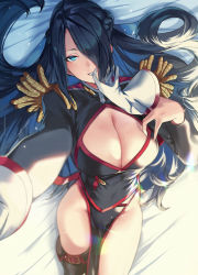 Rule 34 | 1girl, azuma fubuki, black hair, blue eyes, boots, braid, breasts, china dress, chinese clothes, cleavage, dress, epaulettes, gloves, grin, hair over one eye, highres, large breasts, long hair, looking at viewer, lying, mato seihei no slave, mature female, mouth hold, ohland, on back, smile, solo, teeth hold, very long hair, white gloves