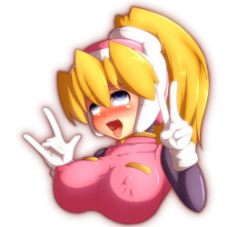 Rule 34 | 1girl, \m/, ahegao, alternate breast size, bad id, bad pixiv id, blonde hair, blue eyes, blush, breasts, capcom, ciel (mega man), covered erect nipples, cropped torso, female focus, gloves, hair between eyes, hand gesture, headgear, high ponytail, horns pose, large breasts, long hair, mega man (series), mega man zero (series), open mouth, ponytail, portrait, semikichi, smile, solo, teeth, tongue, tongue out, v