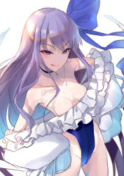 Rule 34 | 1girl, bare shoulders, blue eyes, blue ribbon, blush, breasts, choker, closed mouth, collarbone, fate/grand order, fate (series), frills, hair ribbon, hands on own hips, highleg, highleg swimsuit, highres, kiyu rei, licking lips, long hair, long sleeves, looking at viewer, meltryllis, meltryllis (fate), meltryllis (swimsuit lancer) (fate), meltryllis (swimsuit lancer) (second ascension) (fate), off-shoulder one-piece swimsuit, off shoulder, one-piece swimsuit, puffy sleeves, purple hair, ribbon, simple background, sleeves past fingers, sleeves past wrists, small breasts, smile, swimsuit, thighs, tongue, tongue out, very long hair, white background, white ribbon