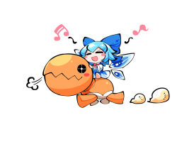 Rule 34 | 1girl, puff of air, = =, blue dress, blue hair, blush stickers, bow, chibi, cirno, creatures (company), crossover, dress, closed eyes, from side, full body, game freak, gen 3 pokemon, hair bow, ice, ice wings, kashuu (b-q), musical note, nintendo, open mouth, pokemon, pokemon (creature), riding, riding pokemon, short sleeves, simple background, smile, touhou, trapinch, v-shaped eyebrows, walking, white background, wings