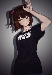 Rule 34 | 1girl, absurdres, arm up, black shirt, blush, brown eyes, brown hair, collarbone, dearsqn, highres, looking at viewer, medium hair, mocomiliano, real life, shirt, sidelocks, solo, t-shirt, twintails, two side up