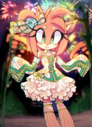 Rule 34 | 1girl, alternate costume, amy rose, animal ears, artist name, bare shoulders, blurry, blurry background, blush, breasts, chromatic aberration, cleavage, closed mouth, cosplay, dated, detached collar, detached sleeves, dress, female focus, fireworks, flower, frilled dress, frills, furry, furry female, green eyes, hair bun, hair flower, hair ornament, hair ribbon, hands up, happy, kneehighs, love live!, love live! school idol festival, love live! school idol project, minami kotori, minami kotori (cosplay), night, outdoors, pink hair, pink socks, ribbon, short hair, signature, single hair bun, sleeves past fingers, sleeves past wrists, small breasts, smile, socks, solo, sonic (series), spacecolonie, standing, strapless, strapless dress, textless version, thighhighs, white flower, white ribbon, zettai ryouiki