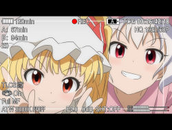 Rule 34 | 2girls, anime coloring, blonde hair, cato (monocatienus), double v, fang, fang out, flandre scarlet, grin, hat, letterboxed, looking at viewer, mob cap, multiple girls, recording, red eyes, remilia scarlet, short hair, siblings, sisters, smile, smug, touhou, v, vector trace, white hair
