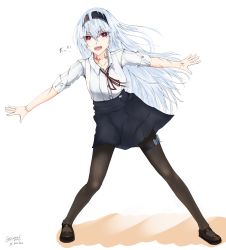 Rule 34 | 1girl, absurdres, black footwear, black pantyhose, blouse, blue hair, blue skirt, collarbone, farena, girls&#039; frontline, hairband, highres, long hair, looking at viewer, necktie, open mouth, pantyhose, red eyes, scar, shirt, shoes, silver hair, skirt, solo, stop, thigh strap, thunder (girls&#039; frontline), white background, white shirt