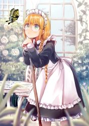 Rule 34 | 1girl, black dress, blonde hair, blurry, blurry foreground, braid, bug, bush, butterfly, chair, dress, glasses, highres, insect, leaning forward, long hair, maid, maid headdress, original, pinafore dress, saeki (pixiv 70169809), sleeveless dress, standing, table, twin braids, window, yellow butterfly