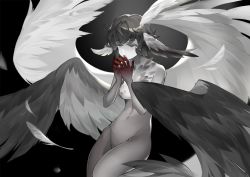 Rule 34 | 1girl, alternate form, black background, black hair, blue eyes, colored skin, commentary, completely nude, crossed bangs, falling feathers, feathered wings, feathers, feet out of frame, final fantasy, final fantasy xiv, gradient skin, greyscale, hands up, head wings, highres, meteion, monochrome, monster girl, multiple wings, navel, nude, red skin, short hair, solo, spoilers, twigy (2416427243), wings