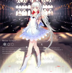 Rule 34 | 1girl, aqua eyes, blood, blood on face, blue eyes, boots, character name, dress, english text, full body, highres, holding, holding sword, holding weapon, indoors, jewelry, kiwamu, long hair, looking at viewer, lyrics, necklace, ponytail, popped collar, rapier, rwby, scar, skirt, snow, snowflakes, solo, sword, text focus, tiara, trendgold, very long hair, weapon, weiss schnee, white hair