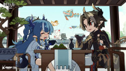 Rule 34 | 1boy, 1other, 3girls, ambiguous gender, arknights, black hair, blue hair, bottle, brother and sister, chong yue (arknights), doctor (arknights), dusk (arknights), earrings, food, highres, horns, jewelry, kite, ling (arknights), long hair, multiple girls, nian (arknights), official art, pointy ears, ponytail, red eyes, siblings, sisters, tail, tree, wall, white hair, wine bottle, zongzi