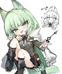 Rule 34 | 1girl, :p, animal ears, arknights, black footwear, black ribbon, blush, boots, cat ears, cat girl, cat tail, chibi, fang, green eyes, green hair, grey sweater vest, harmonie (arknights), highres, holding, holding wand, jacket, jacket on shoulders, knees up, long hair, long sleeves, looking at viewer, neck ribbon, ribbon, simple background, sitting, skin fang, sohare, solo, sweater vest, tail, tail ornament, tail ring, tongue, tongue out, wand, white background, white jacket