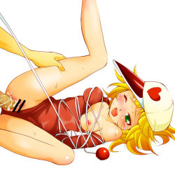Rule 34 | 1boy, 1girl, ai-chan, arms behind back, bdsm, blonde hair, blush, bondage, bound, breast slip, breasts, censored, clothed sex, clothing aside, entangled, green eyes, hat, heart, hetero, kaminari ai, leotard, leotard aside, nipples, on floor, one breast out, open mouth, penis, pussy, pussy juice, rape, rope, sa88ku, sex, simple background, spread legs, tears, white background, wince, yatterman