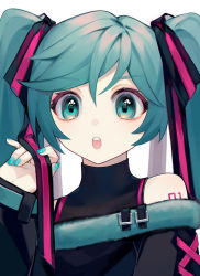Rule 34 | 1girl, :o, alternate costume, aqua eyes, aqua nails, bare shoulders, blue hair, blush, clothing cutout, fingernails, fur trim, hair ribbon, hatsune miku, heridy, highres, long hair, long sleeves, looking at viewer, nail polish, number tattoo, open mouth, portrait, ribbon, shoulder cutout, shoulder tattoo, simple background, sleeves past wrists, solo, tattoo, teeth, twintails, upper teeth only, v-shaped eyebrows, very long hair, vocaloid, white background